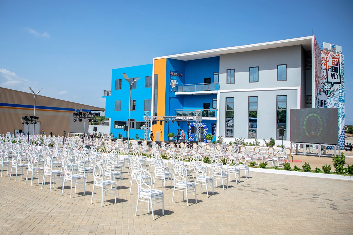 Front view of the new, three-storey office building of MC-Bauchemie Ghana.